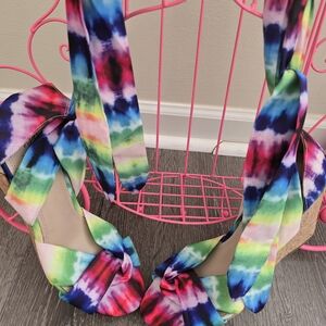 Rainbow Tie-Dye Wedge Sandals with Ankle Wraps
